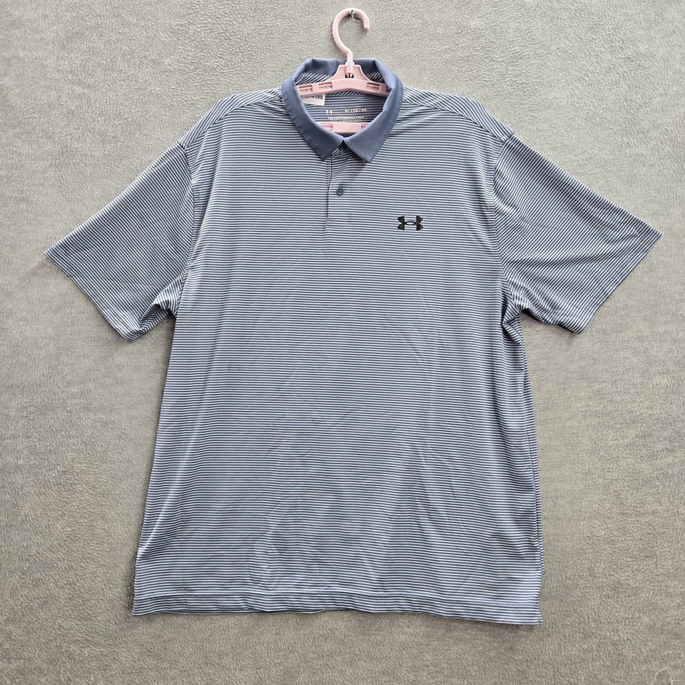 Under Armour Men Polo XL Blue Striped Heatgear Activewear Performance Polo Logo
